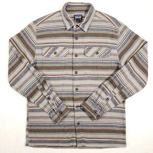 Patagonia Fjord Flannel Button Up Mens Small Brown Grey Striped Organic Cotton